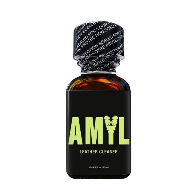 Amyl Poppers 25ml Funline Amyl Poppers 25ml bottle with black label and lime text, including leather cleaner logo.