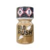 Gold Rush Poppers 10ml Leather Cleaner bottle with warning and flammability symbols on cap, isolated on white background.