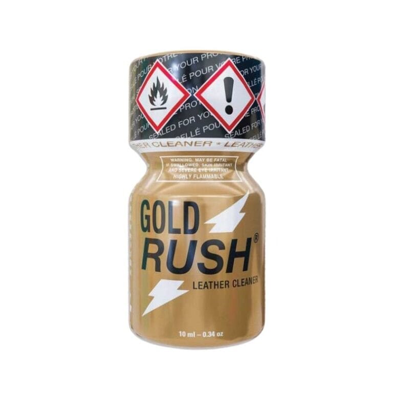 Gold Rush Poppers 10ml Leather Cleaner bottle with warning and flammability symbols on cap, isolated on white background.