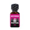 Amsterdam Poppers 25ml sealed bottle with bold magenta label featuring stylized Amsterdam skyline graphics.