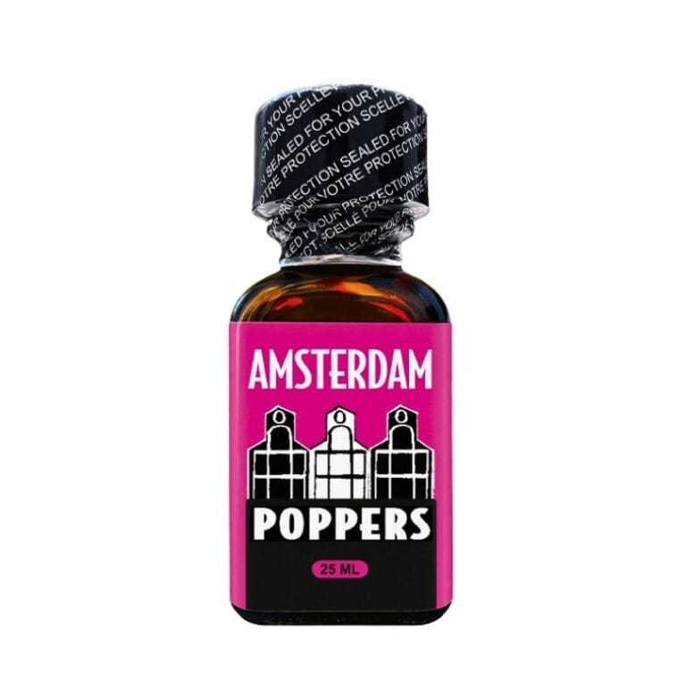 Amsterdam Poppers 25ml sealed bottle with bold magenta label featuring stylized Amsterdam skyline graphics.