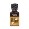 Large brown glass bottle of Gold Rush Poppers 25ml leather cleaner. Label shows "NETTOYANT POUR CUIR" (French for leather cleaner) and "GOLD RUSH" with lightning bolt logo.