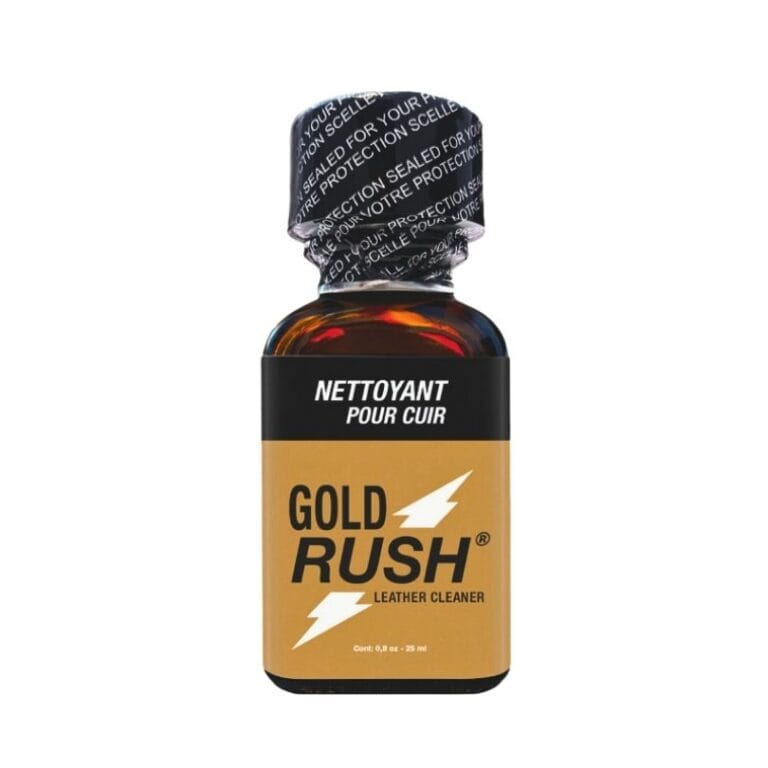 Large brown glass bottle of Gold Rush Poppers 25ml leather cleaner. Label shows "NETTOYANT POUR CUIR" (French for leather cleaner) and "GOLD RUSH" with lightning bolt logo.