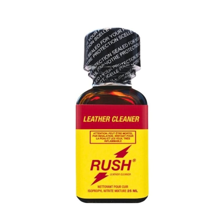 Rush Poppers 25ml Funline Poppers Mega Rush 25ml leather cleaner in a brown glass bottle with a yellow and red label featuring lightning bolts, emphasizing the product branding and packaging.