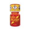 Super Rush Poppers 10ml Funline Botella de 10 ml de Super Rush Poppers, roja con diseño de rayo amarillo y etiquetas de advertencia aisladas sobre fondo blanco