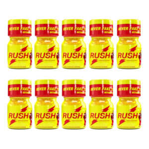 10 Pack Poppers Rush Original 10ml - Ten yellow bottles with red caps.They are arranged in two rows of five bottles each. The bottles have the "RUSH" branding, "NEVER FAKE IT" slogan, and warnings.