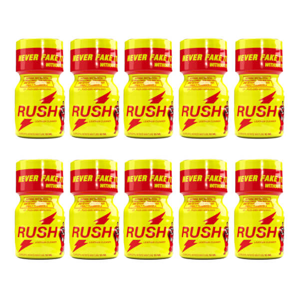 10 Pack Poppers Rush Original 10ml - Ten yellow bottles with red caps.They are arranged in two rows of five bottles each. The bottles have the "RUSH" branding, "NEVER FAKE IT" slogan, and warnings.