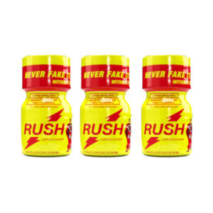 3 Pack Poppers Rush Original 10ml - Three yellow bottles with red caps labeled "RUSH" and "NEVER FAKE IT". The bottles are described as "LEATHER CLEANER" and contain 10 ML of "ISOBUTYL NITRITE MIXTURE". Warnings on the label indicate the product is highly flammable and potentially fatal if swallowed.