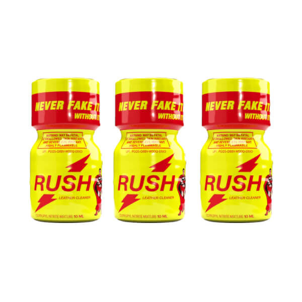 3 Pack Poppers Rush Original 10ml - Three yellow bottles with red caps labeled "RUSH" and "NEVER FAKE IT". The bottles are described as "LEATHER CLEANER" and contain 10 ML of "ISOBUTYL NITRITE MIXTURE". Warnings on the label indicate the product is highly flammable and potentially fatal if swallowed.