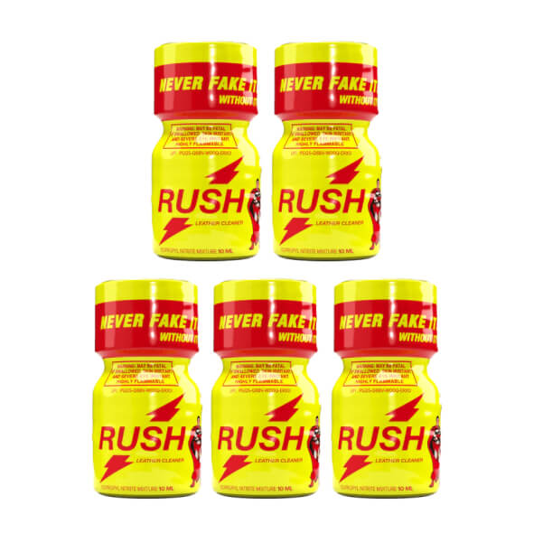 5 Pack Poppers Rush Original 10ml - Five yellow bottles with red caps labeled "RUSH" and "NEVER FAKE IT". They are described as "LEATHER CLEANER" and contain warnings about flammability and toxicity. The bottles are arranged in two rows, with two on top and three on bottom.