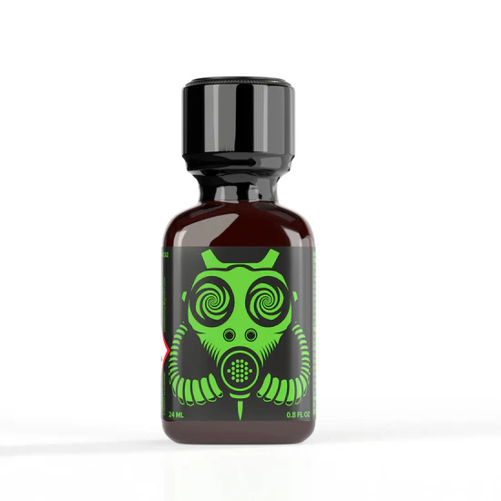 Butanol Poppers featured in a dark amber 24ml bottle with striking neon green gas mask artwork. The distinctive design showcases a contemporary owl-inspired respirator graphic with hypnotic spiral eyes and ventilation tubes, complemented by a secure black twist cap on premium glass packaging.