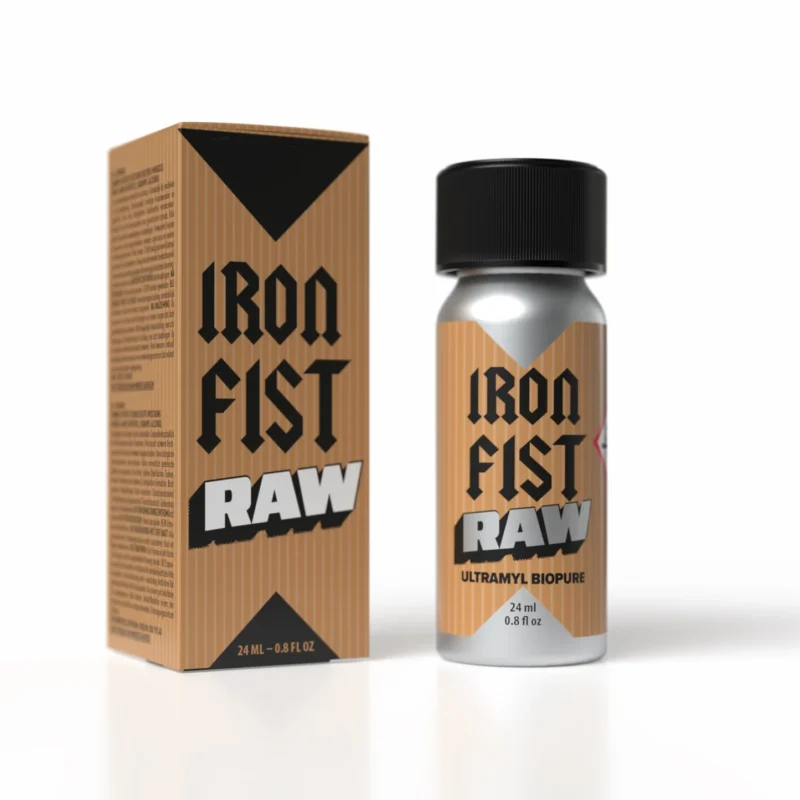 Iron Fist Raw Poppers - Retail presentation of "Iron Fist Raw" showing 24ml metallic bottle alongside its kraft paper box, both featuring matching wood-grain design and black accents.