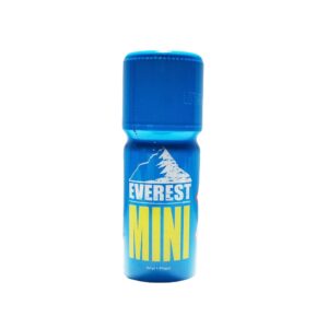 Poppers Everest Mini: A small blue bottle featuring a white mountain logo and bold yellow text, designed for a powerful and compact experience with amyl and propyl.