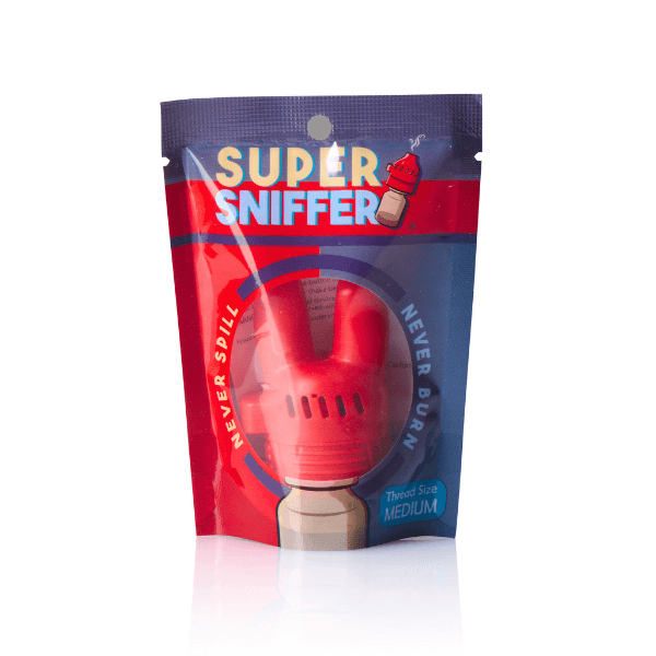 Super Sniffer V2 Packaging - A retail package of the Super Sniffer booster cap, featuring vibrant red and blue branding with text highlighting its "Never Spill, Never Burn" design and medium thread size compatibility.