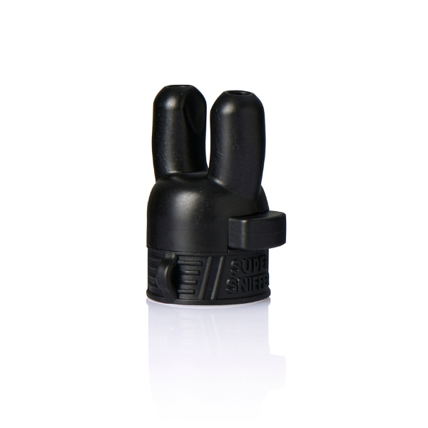 Super Sniffer V2 Black Dual Nozzle Cap: A close-up of the ergonomic and innovative Super Sniffer V2 cap in matte black, featuring a dual nozzle system, showcasing its advanced functionality for an optimal aromatic experience.