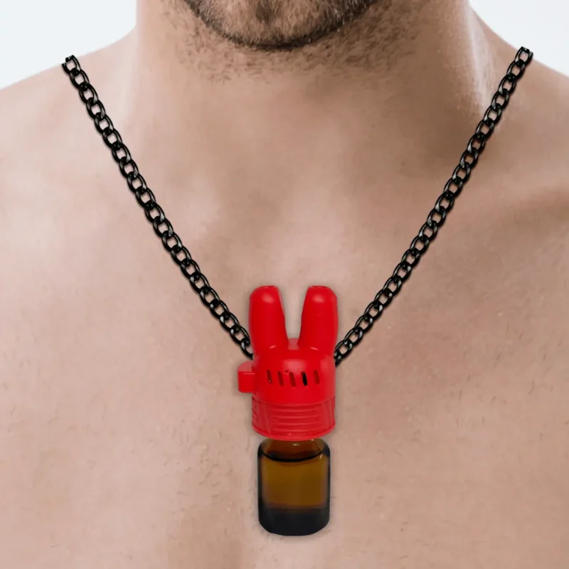 Super Sniffer V2 Poppers accessory featuring a bright red cap with bunny ear design, mounted on amber glass bottle, available with black or gold-tone chain necklace attachment. Premium aluminum threading and ergonomic design for secure fit. Stylish wearable aromatherapy pendant with decorative chain options.