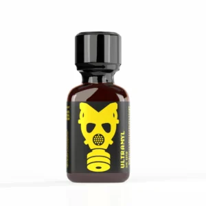 Ultramyl poppers 24ml - This image shows a brown glass bottle labeled with a vibrant yellow gas mask icon on a black background, symbolizing strength and caution. The container has a secure black cap, with "ULTRAMYL" in capital letters running vertically along the side. The overall design emphasizes a potent and impactful theme, suited for those familiar with intense aromas.