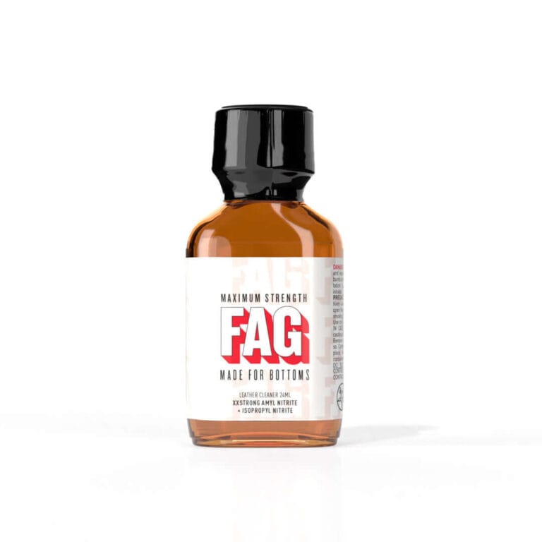 Fag Poppers 24ml Fag Poppers 24ml – A brown glass bottle with a black cap, featuring a white label with bold red text. The label reads "MAXIMUM STRENGTH FAG" in large capital letters, followed by "MADE FOR BOTTOMS." Additional text below indicates it contains "XXSTRONG AMYL NITRITE" and "ISOPROPYL NITRITE."