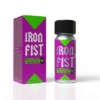 Iron Fist No Limit Butanol Poppers 24ml – A small silver bottle with a black cap, featuring a bold purple and green label. The packaging displays the name "IRON FIST" in large, metallic-style letters, with "NO LIMIT + BUTANOL" written below in a neon green box. The bottle is placed next to a matching box with similar branding.