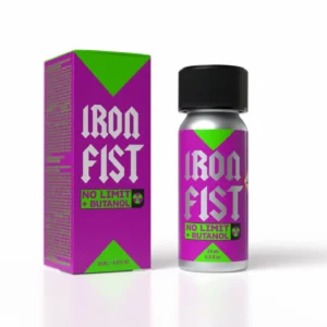 Iron Fist No Limit Butanol Poppers 24ml – A small silver bottle with a black cap, featuring a bold purple and green label. The packaging displays the name "IRON FIST" in large, metallic-style letters, with "NO LIMIT + BUTANOL" written below in a neon green box. The bottle is placed next to a matching box with similar branding.