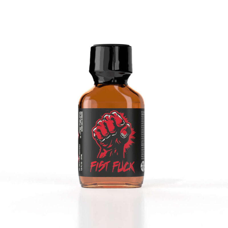 Poppers Fist Fuck Amyl 24ml - An amber glass bottle with a black cap, featuring a black label with a bold red clenched fist design. The product name "Fist Fuck" is written in red graffiti-style text.