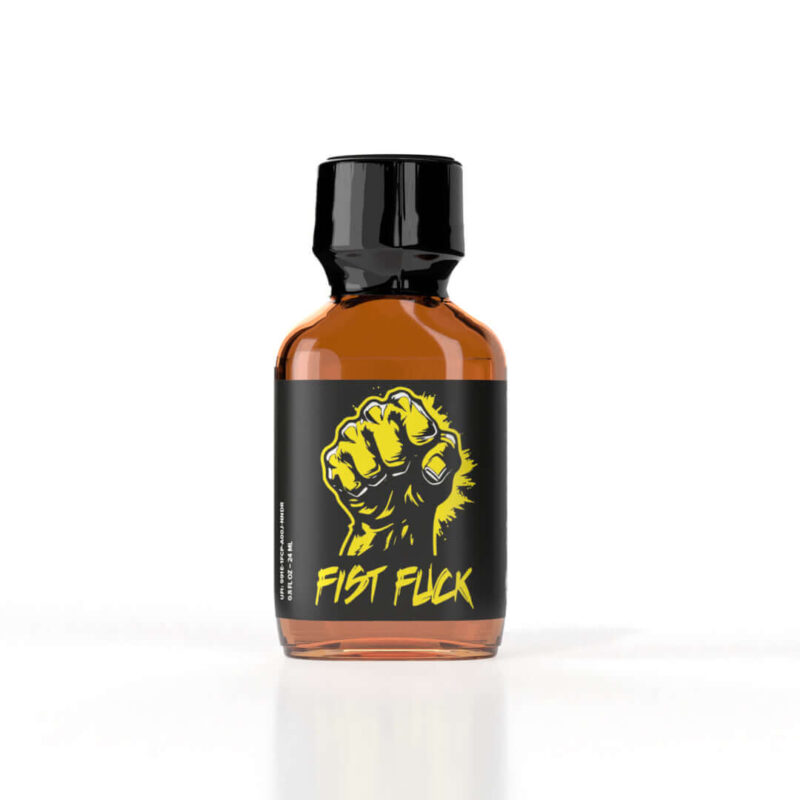 Poppers Fist Fuck N-Pentyle 24ml - An amber glass bottle with a black cap, featuring a black label with a bold yellow clenched fist design. The product name "Fist Fuck" is written in yellow graffiti-style text.