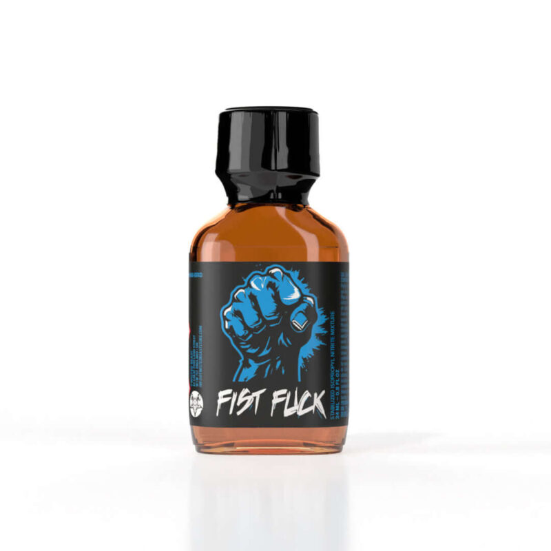 Poppers Fist Fuck Propyl 24ml - An amber glass bottle with a black cap, featuring a black label with a bold blue clenched fist design. The product name "Fist Fuck" is written in white graffiti-style text.