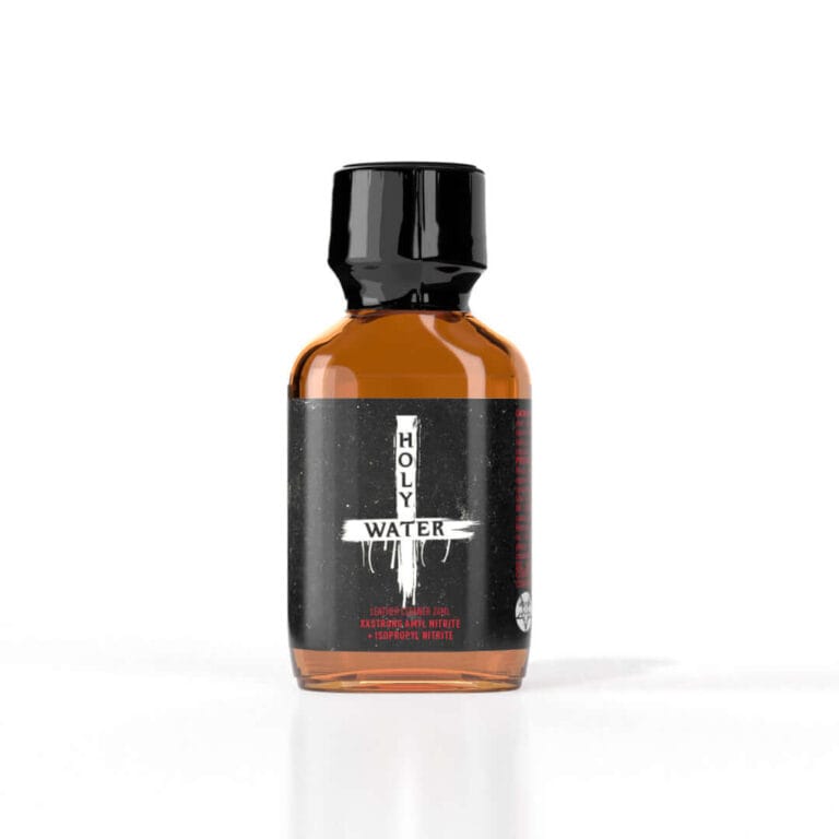 Big brown bottle of Amsterdam Butanol Poppers 24ml with black cap and black balble with a white cross and white background.