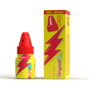 Poppers Original 10ml with Adapter – a yellow bottle with a red lightning bolt design, red cap, and matching box.