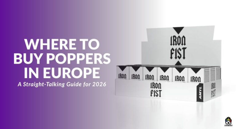 Where to buy poppers in Europe 2026 guide featuring Iron Fist poppers display box on a white background with bold purple promotional text and Husky Bear Poppers logo at the bottom right corner.