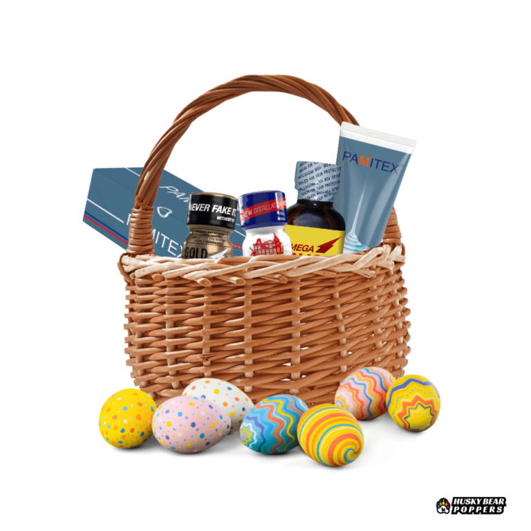 Easter Pleasure Pack - A symbolic Easter basket filled with pleasure! The image features the exclusive Easter Pleasure Pack, which includes three popular poppers (Gold Rush 10ml, The New Amsterdam 10ml, and Mega Rush 25ml), a 144-pack of Pamitex Natural Condoms, and a Pamitex 100ml water-based lubricant. Surrounded by colorful Easter eggs, this playful and cheeky basket represents the ultimate adult Easter treat – fun, exciting, and limited edition.