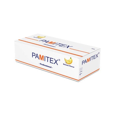 Pamitex Banana Flavored Condoms 144-pack box featuring white packaging with orange and blue accents, banana icon, and professional branding. Full of condoms, high-quality latex, smooth texture, safe and certified, large pack.