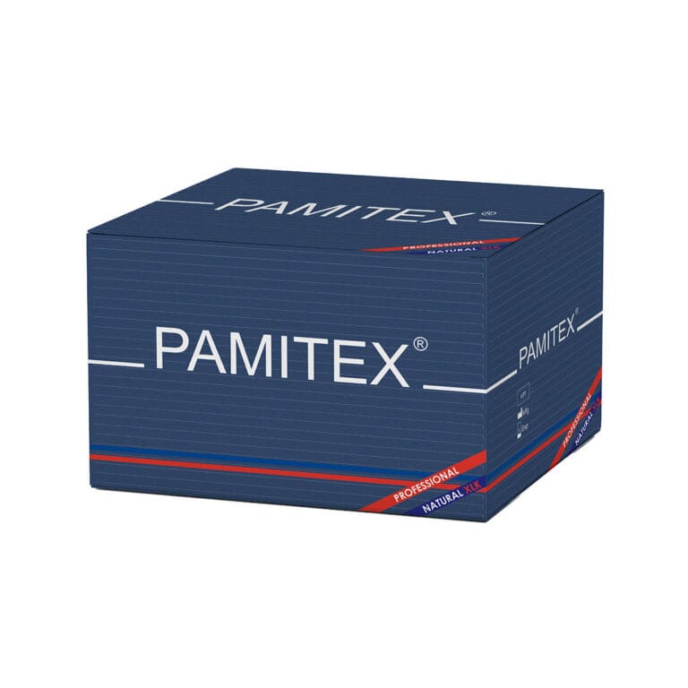 Pamitex XL Condoms – 144 Pack in blue packaging with red and white accents, professional branding. Box filled with XL latex condoms, smooth texture, silicone lubrication, safe and certified, large quantity of 144 in pack.