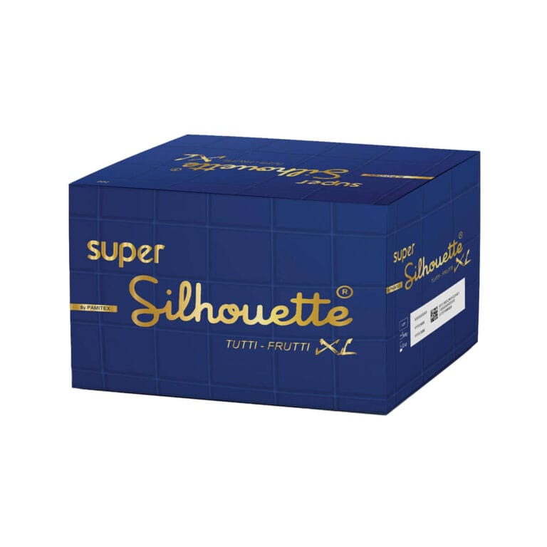 Super Silhouette XL Tutti Frutti Condoms 144 Pack Blue box with gold. Inside there are 144 premium condoms. Super size.