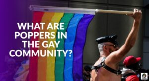 Rainbow pride flag and leather-clad man at a Pride parade, illustrating the article "What Are Poppers in the Gay Community?" and Husky Bear Poppers logo at the bottom right corner.
