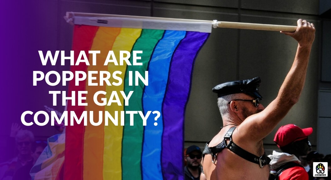Rainbow pride flag and leather-clad man at a Pride parade, illustrating the article "What Are Poppers in the Gay Community?" and Husky Bear Poppers logo at the bottom right corner.