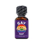 Gay Secret Poppers 25ml Gay Secret Poppers 25ml – elegantní, kompaktní lahev s nápisem 'GAY' tučnými bílými písmeny s duhovým srdcem a symbolem ruky. Navržený s lesklým černým uzávěrem a živým štítkem, tento francouzsky vyrobený čistič na kůži vyniká svou hrdou LGBTQ+ identitou a mimořádně silnou Amyl Nitrit formulí.