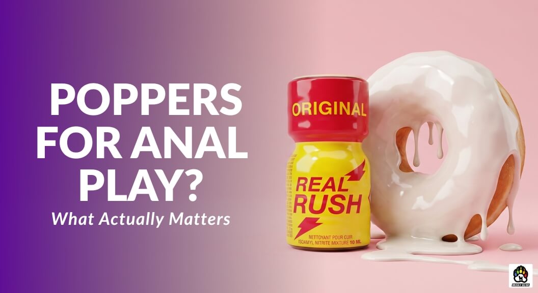 Poppers for anal play featured image showing a bottle of Real Rush poppers beside a doughnut covered in dripping white glaze.