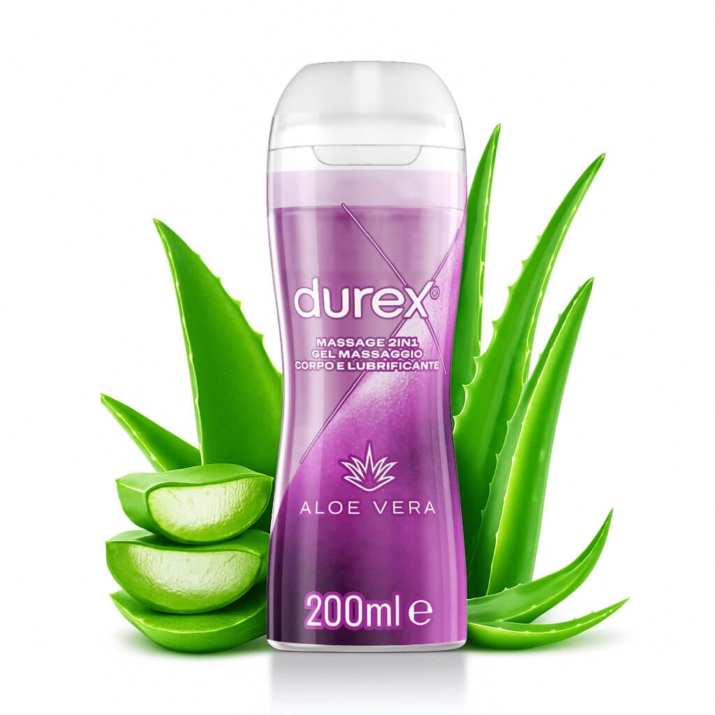 New Durex Aloe Vera Lube 200 mL with real fresh slices of aloe vera in the background.