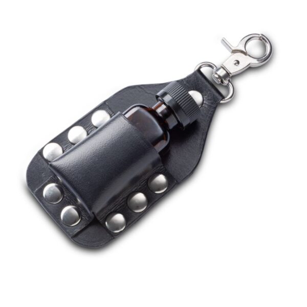 Riveted black poppers leather holder with metal clip, suitable for large bottles