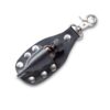 Riveted black poppers leather holder with metal clip, suitable for small bottles