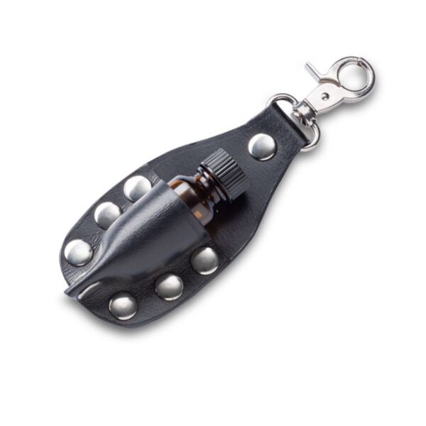 Riveted black poppers leather holder with metal clip, suitable for small bottles