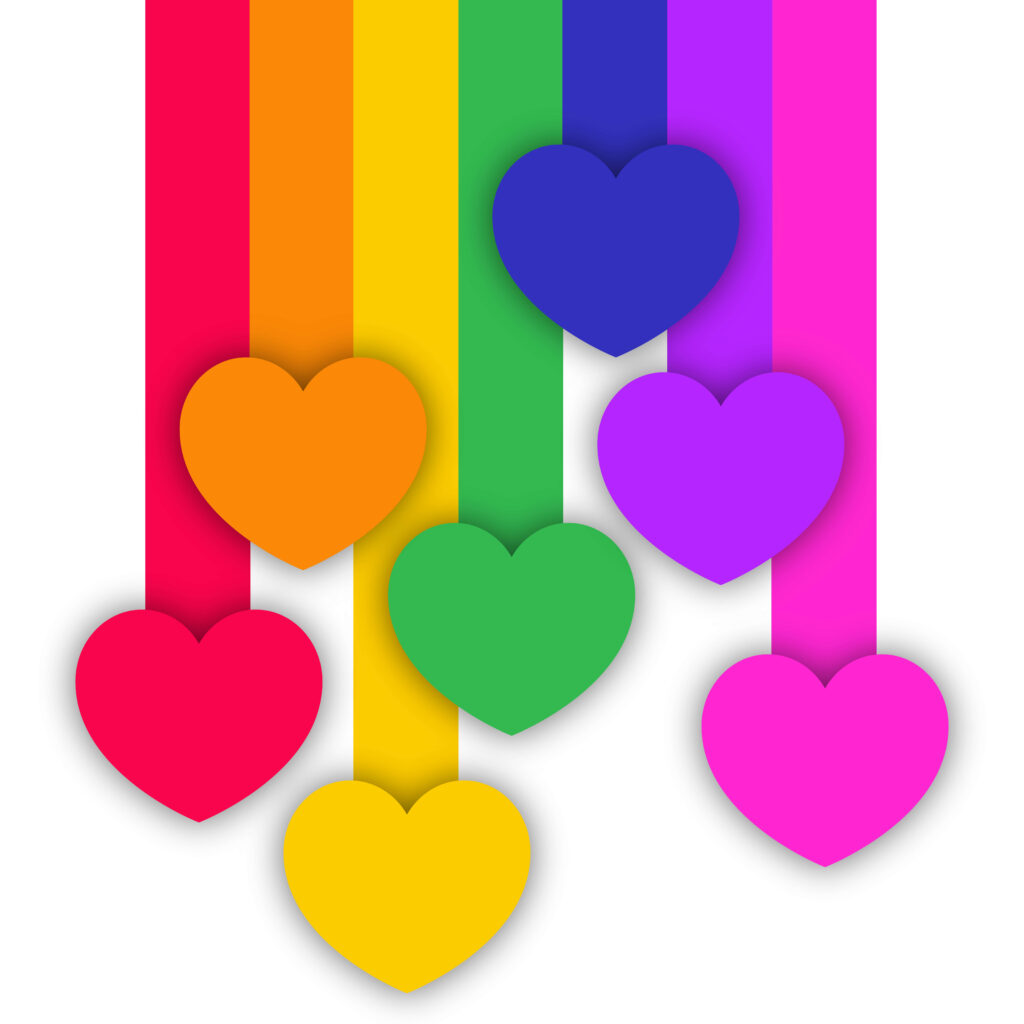Colorful rainbow-colored hearts hang from vertical lines in the colors of the Pride flag. This vibrant graphic symbolizes LGBT+ pride, Trans visibility, positivity, and equality. The bold, cheerful colors evoke a sense of joy and support for mental health and self-expression.