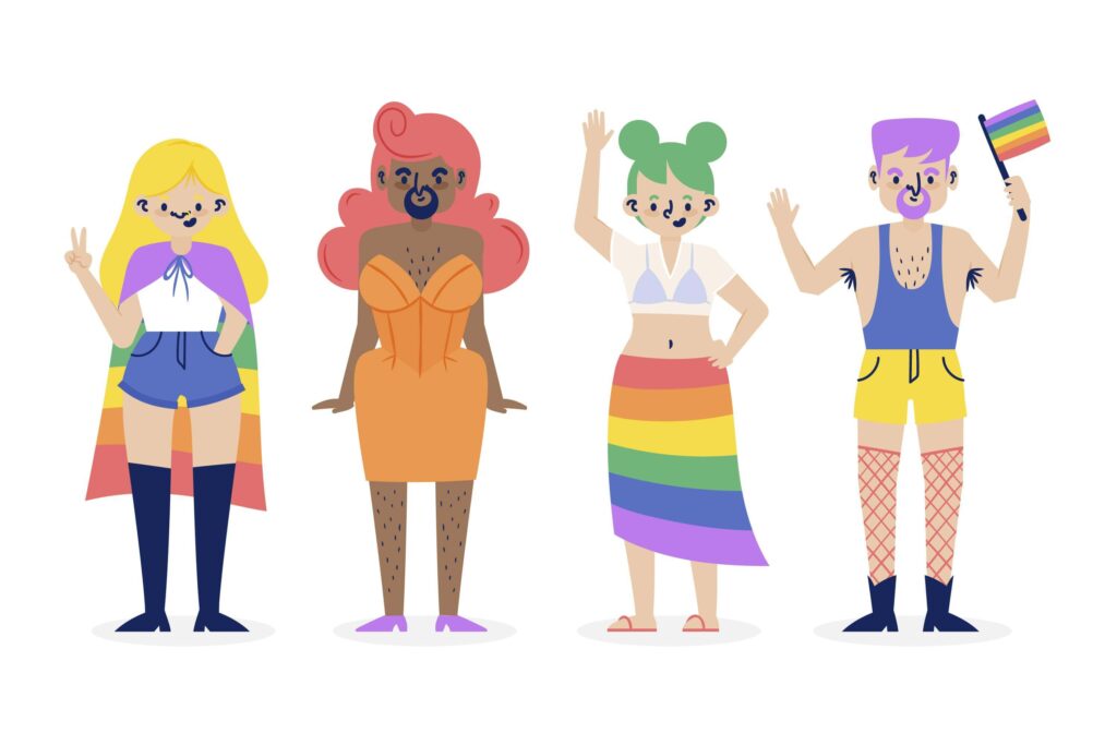 An illustration of four diverse, colorful characters dressed in rainbow-themed clothing, waving and smiling. This joyful cartoon representation promotes Trans and LGBT+ inclusivity, mental health awareness, body positivity, and gender equality, reflecting pride and community unity.
