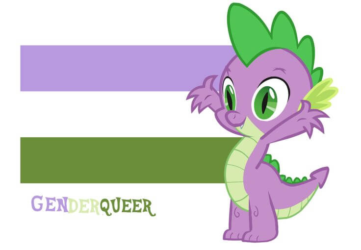 Cartoon character Spike the Dragon from "My Little Pony" standing in front of the genderqueer pride flag. The word "GENDERQUEER" is written in stylized purple and green text.