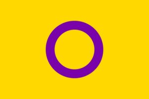 Illustration of the intersex pride flag with a yellow background and a purple circle in the center, symbolizing intersex identity and inclusivity