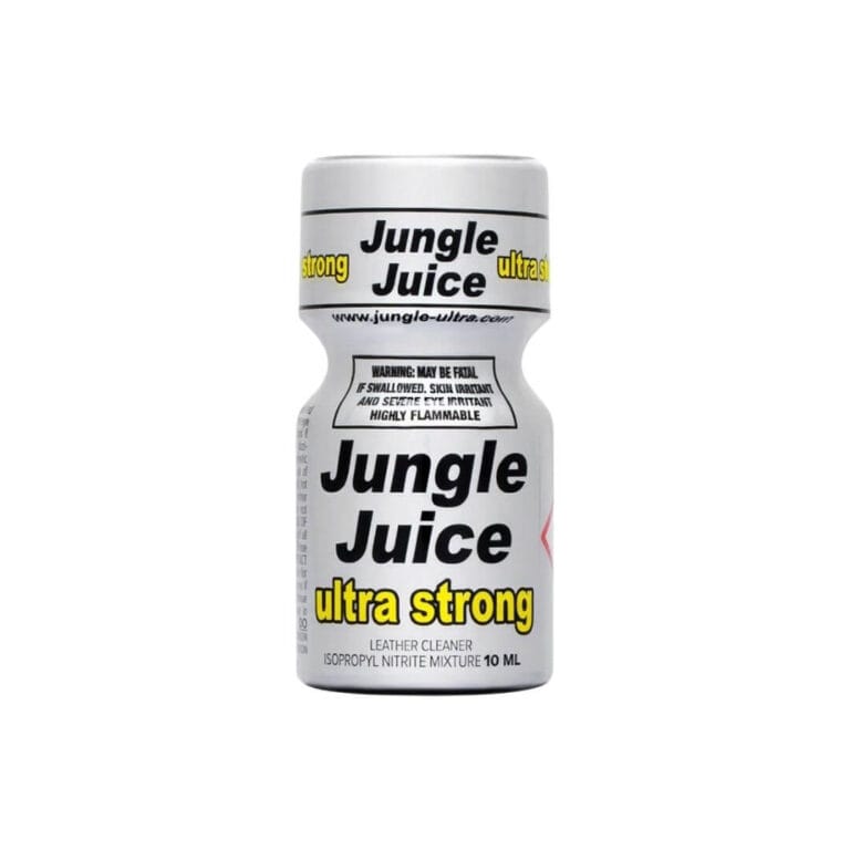 Poppers Jungle Juice Ultra Strong 10ml – Industrial silver bottle with heavy-hitting aroma for serious play.