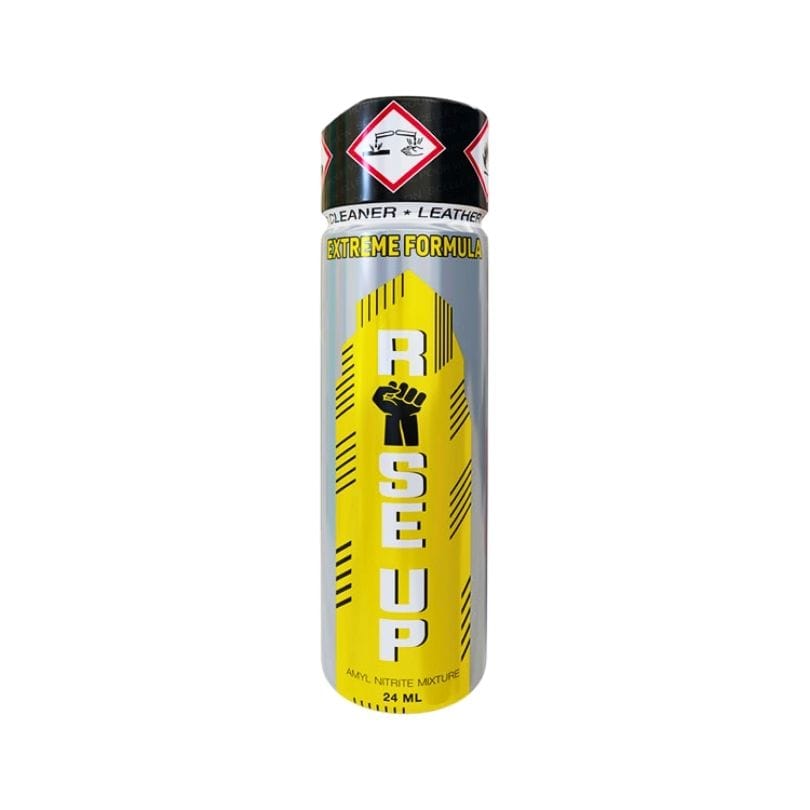 Rise Up extreme formula 24ml poppers in a tall yellow bottle; delivers fast, potent effects for energetic experiences.