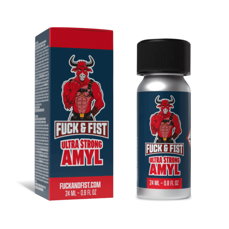 Aluminijasta steklenička FUCK & FIST Poppers Amyl Ultra Strong 24ml in škatla poleg nje.