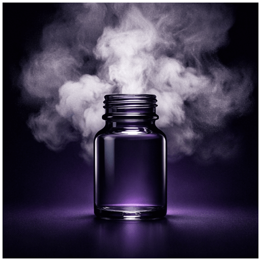 Deep & Powerful Poppers: identical bottle on a deep purple-black gradient, thick billowing vapor clouds dramatically spilling outward under intense low-angle spotlighting for a sense of raw depth and strength.